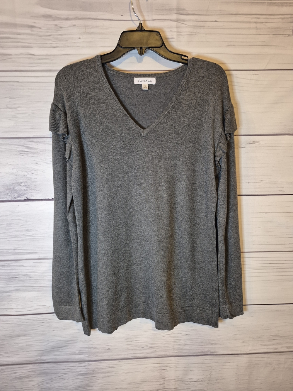 Calvin Klein Gray V-Neck Ruffle Accent Long-Sleeve Sweater Top Medium